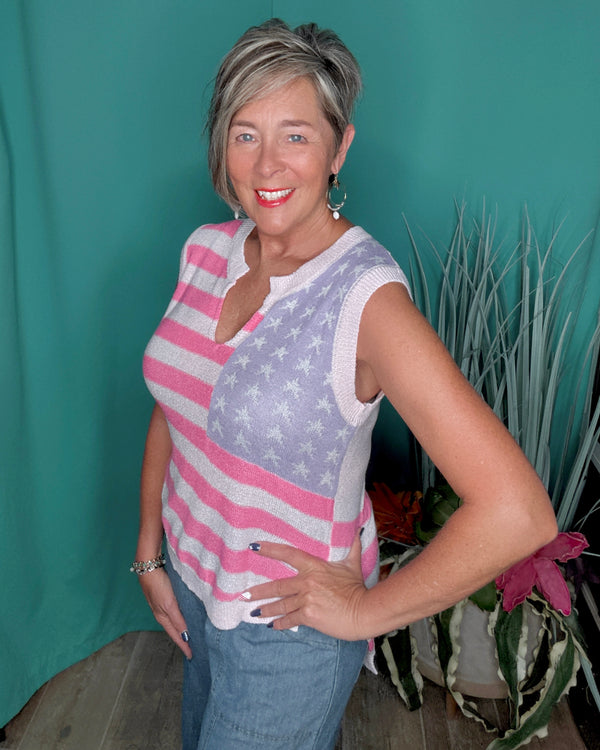 Pink Light Faded Flag Patriotic Stars & Stripes Patriotic Sleeveless Lightweight Sweater Knit  Tank Top