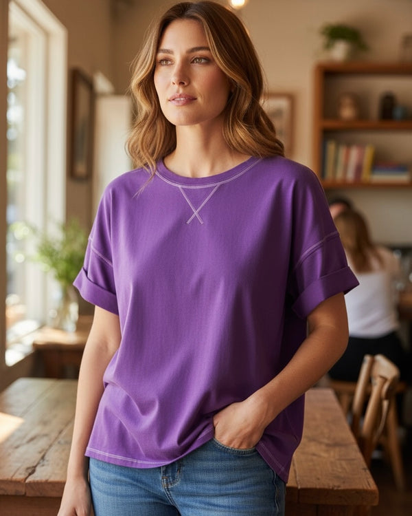 Solid Purple Raw Edge Short Sleeve Stitch Detail Sweatshirt Top