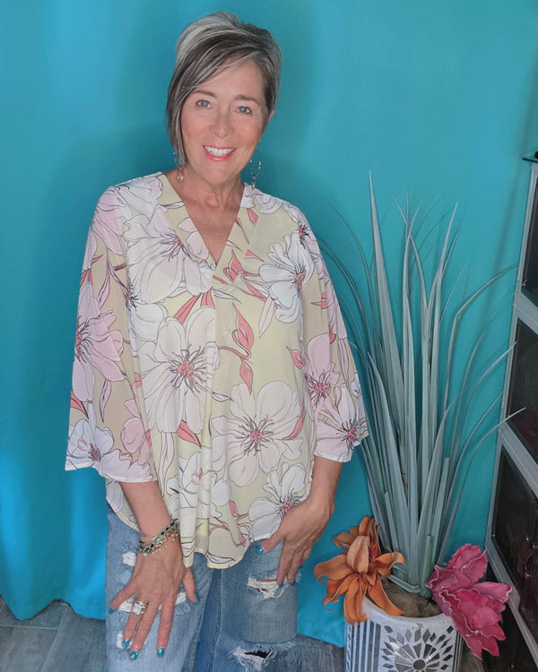 Pistachio Chiffon Large Flower Print Waterfall 3/4 Ruffle Sleeve VNeckline Blouse
