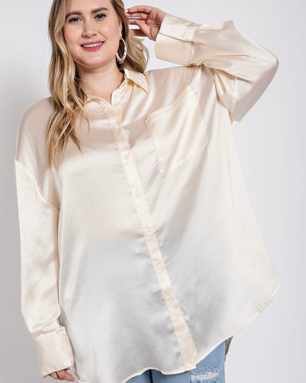 Plus Size Silky Sage Green or Ivory Button Down Long Sleeve Collared Blouse