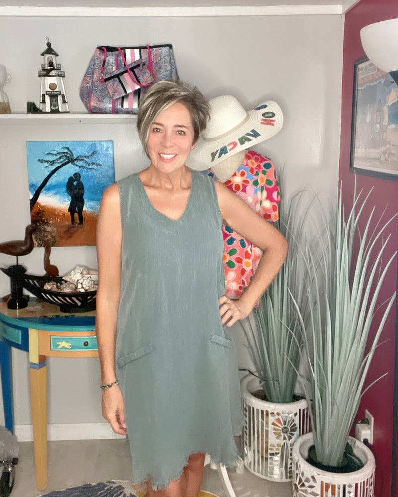 Blue Grey Garment Dyed Sleeveless Pocket Dress
