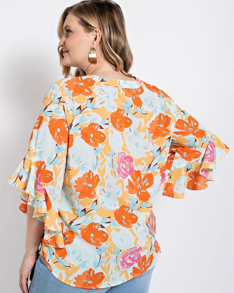 Orange, Pink with Blue Floral Print Ruffled Bell Sleeve Woven Top