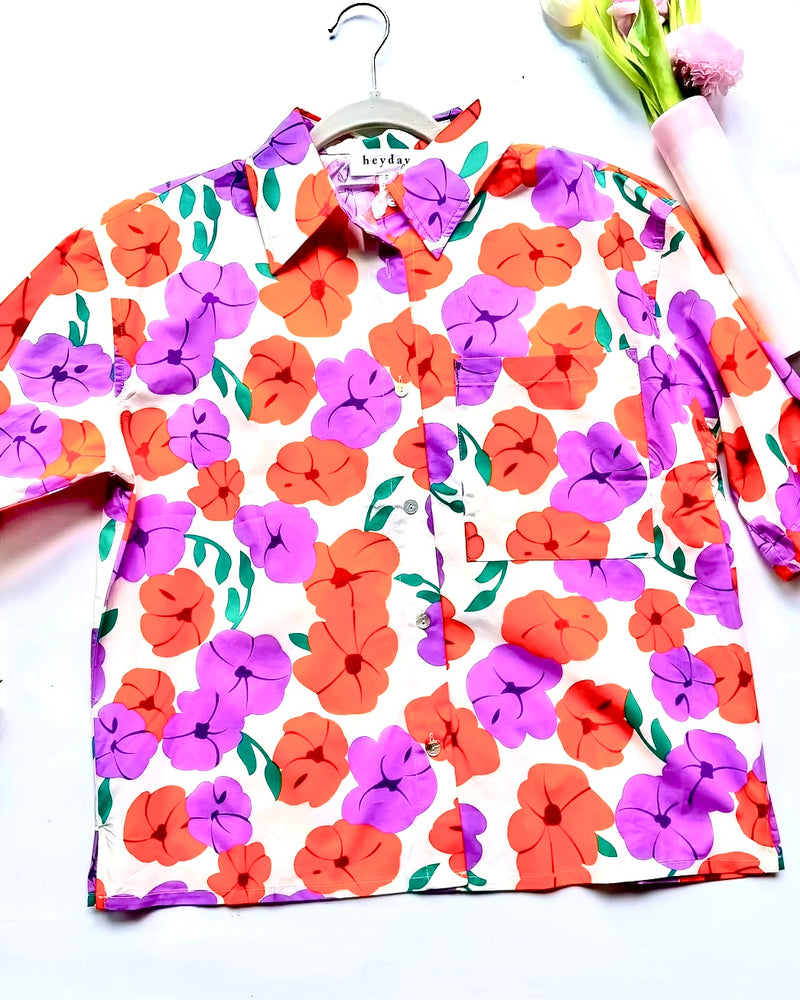 Red & Purple Poppy Button Front Short Elbow Sleeve Collared Top