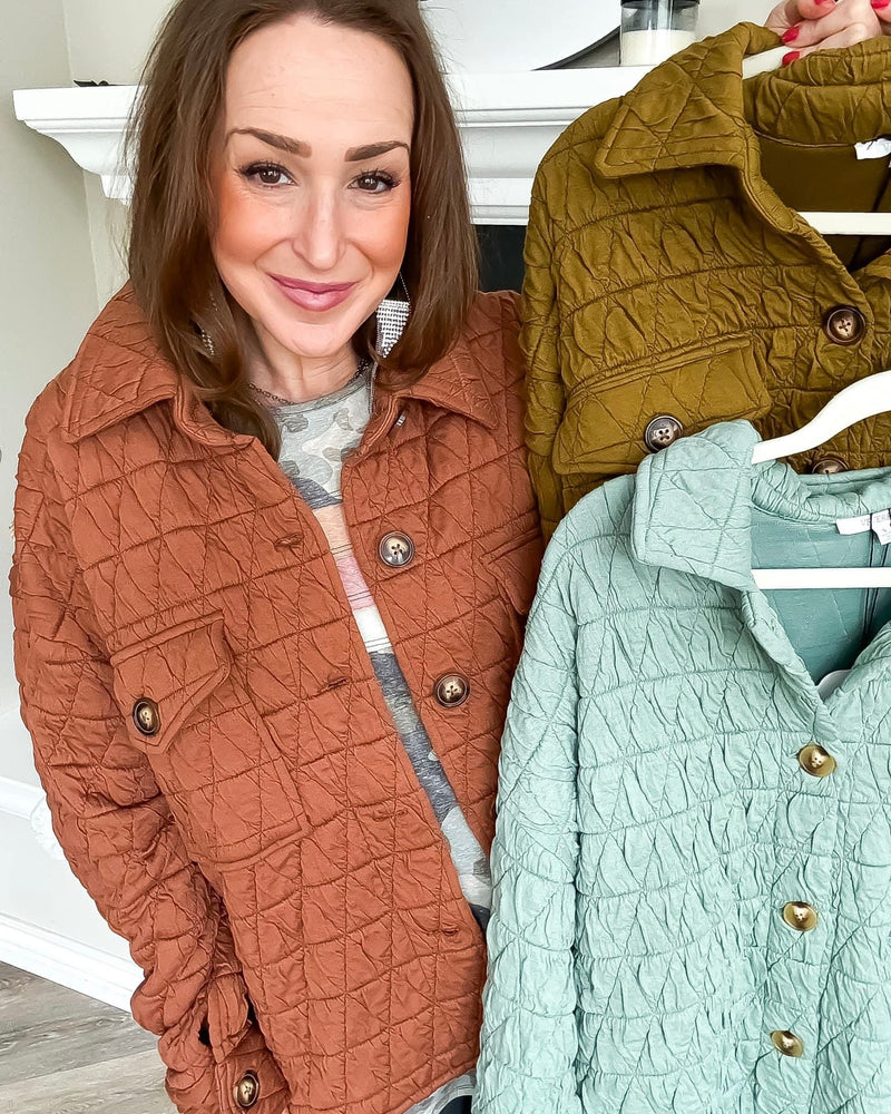 Copper, Brown or Mint Button Front Quilted Collared Long Sleeve Jacket w/Pockets