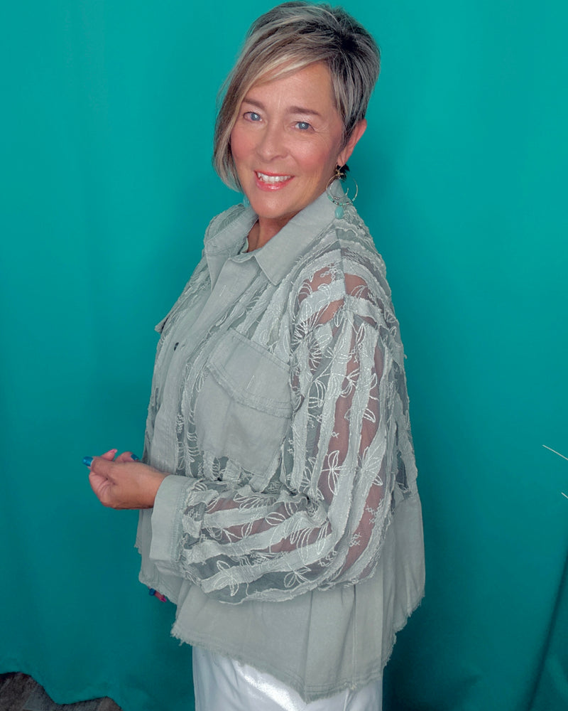 Boho Sage Green Light Denim & Lace Babydoll Cut Button Down Long Sleeve Jacket Top