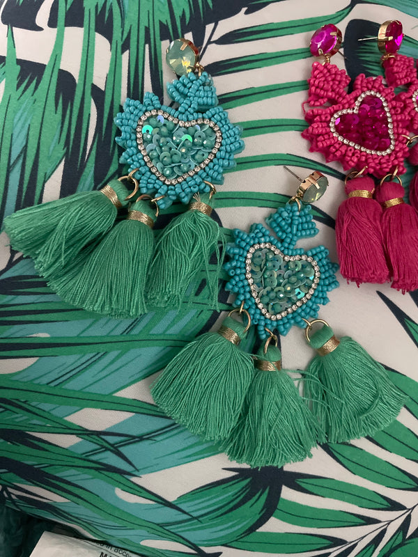 Turquoise Green or Pink Heart Beaded & Rhinestone Post Drop Tassel Earrings