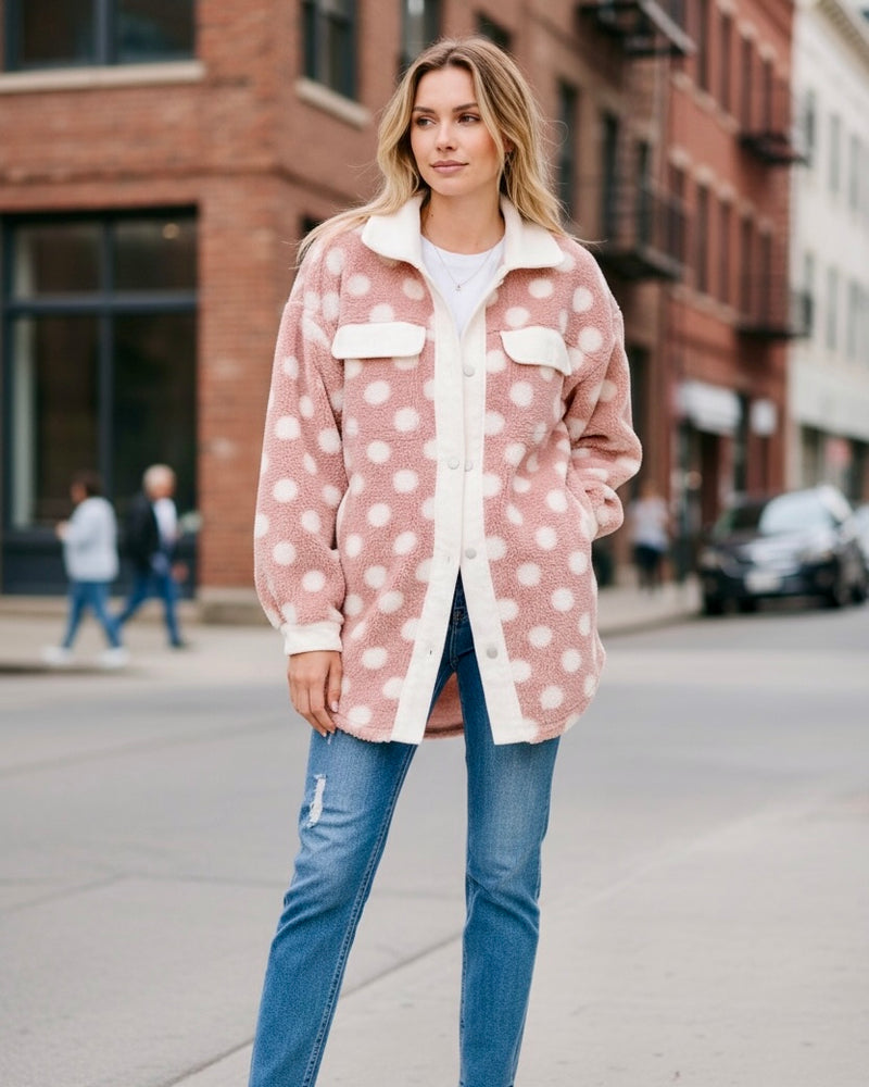 Polka Dot Sherpa Button Front Long Sleeve Collared Shacket Jacket