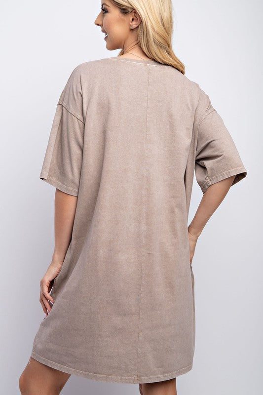 Plus Size Mocha Boho Print Short Sleeve Washed T-shirt Dress