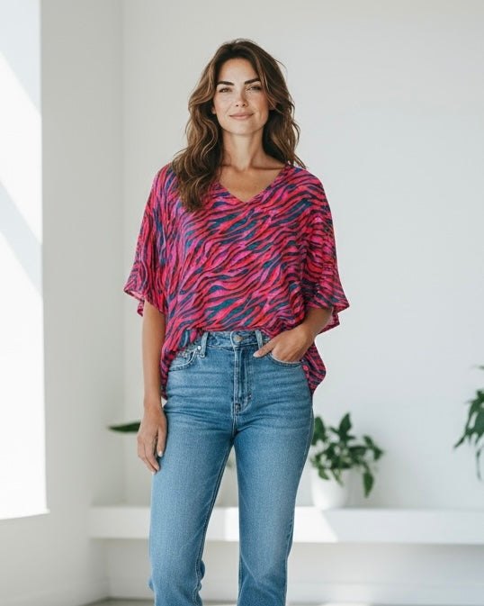Magenta & Teal Animal Zebra Print VNeck Short Sleeve Blouse