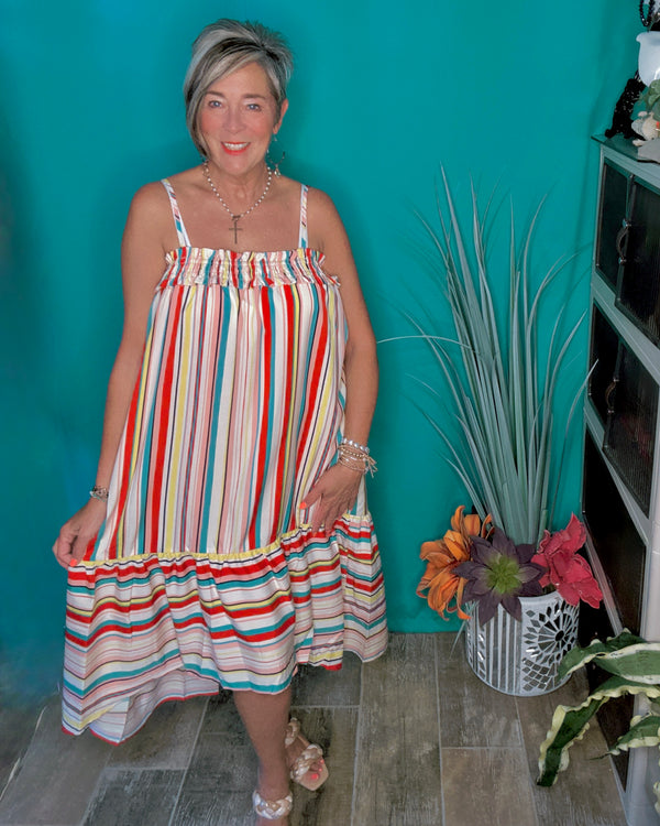 Multicolor Vertical Striped Spaghetti Strap Sleeveless Wide Ruffle Hem Tank Sundress