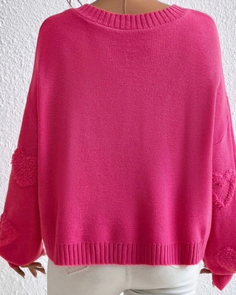 Pink Sweater with Raised Hearts Embellished with Pearls Long Sleeves