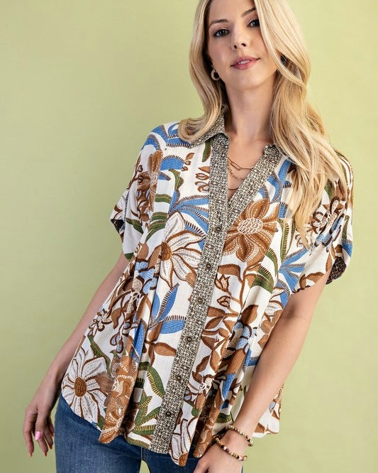 Mixed Contrasting Floral Print Brown or Crimson Button Down Short Sleeve Top