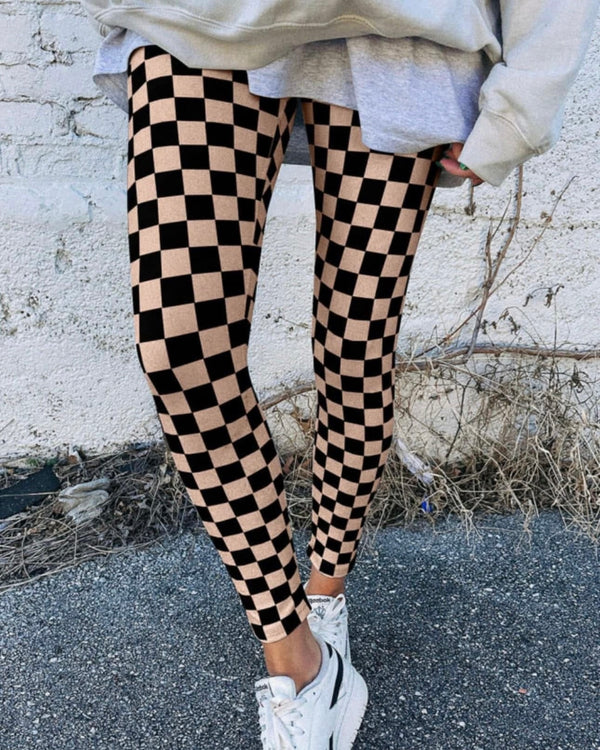 Black & Tan Checkered High Waist Skinny Stretchy Leggings