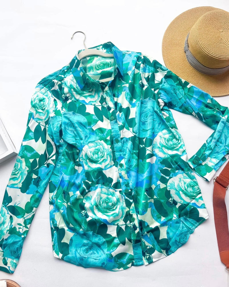 Blue & Green Satin Floral Button Down Long Sleeve Collared Blouse