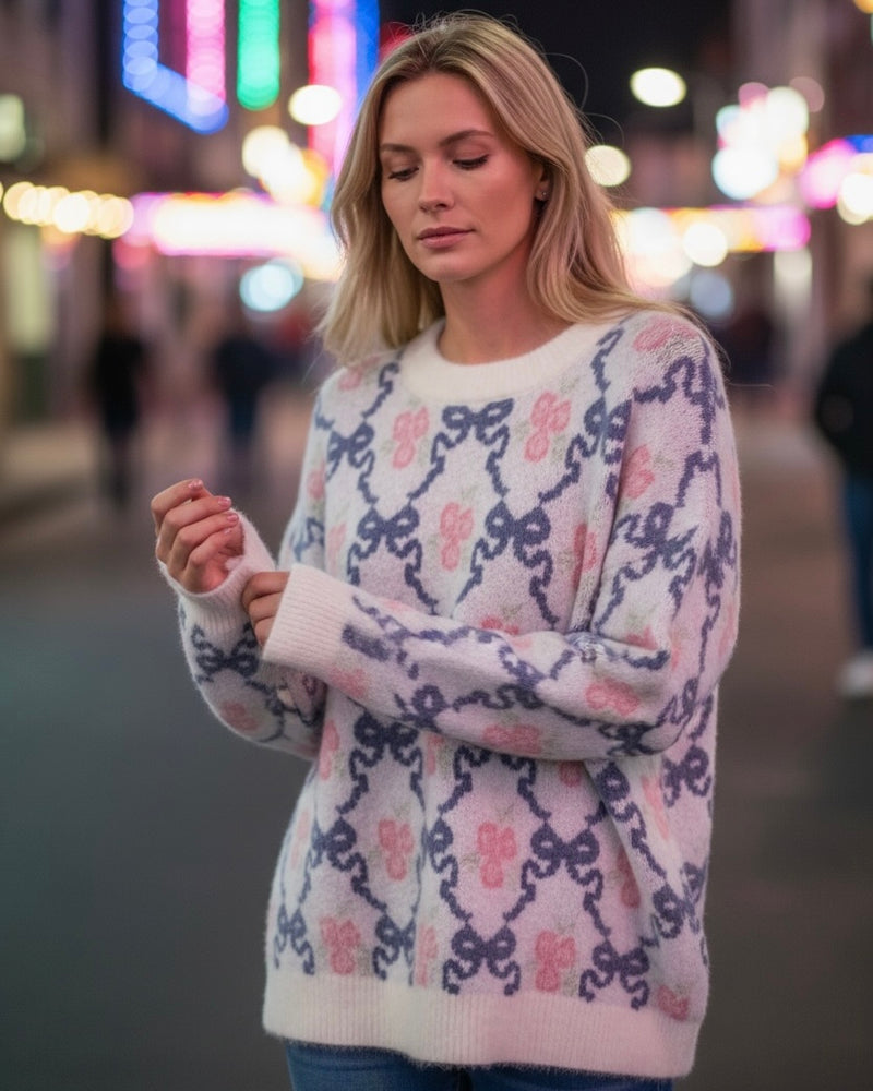 White with Blue & Pink Ribbon Print Sweater Knit Top