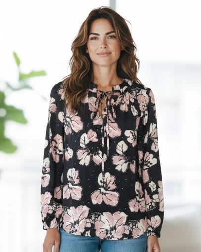 Black & Cream Large Floral Print Long Sleeve Tie Neck Peasant Blouse Top