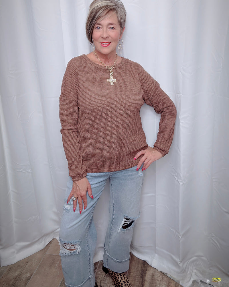 Brown Waffle Knit Drop Shoulder Long Sleeve Top