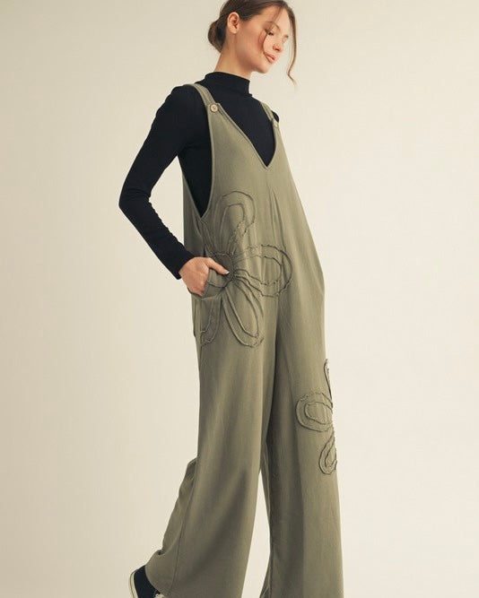 Solid Color Raw Edge Floral Patch Wide Leg Sleeveless Overalls