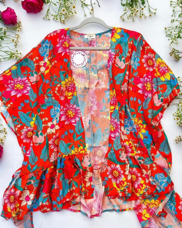 Orange Floral Ruffle Print Sleeve Open Front Kimono