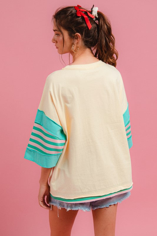 Boho Cream Turquoise & Pink Flower Patch 3/4 Drop Shoulder Sleeve Top