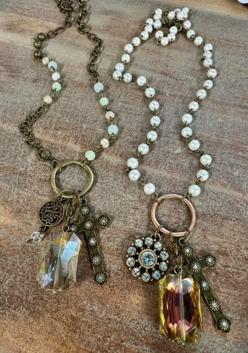 Pearl Beads & Small Rhinestone Embellished Cross & Charm Pendants Necklace