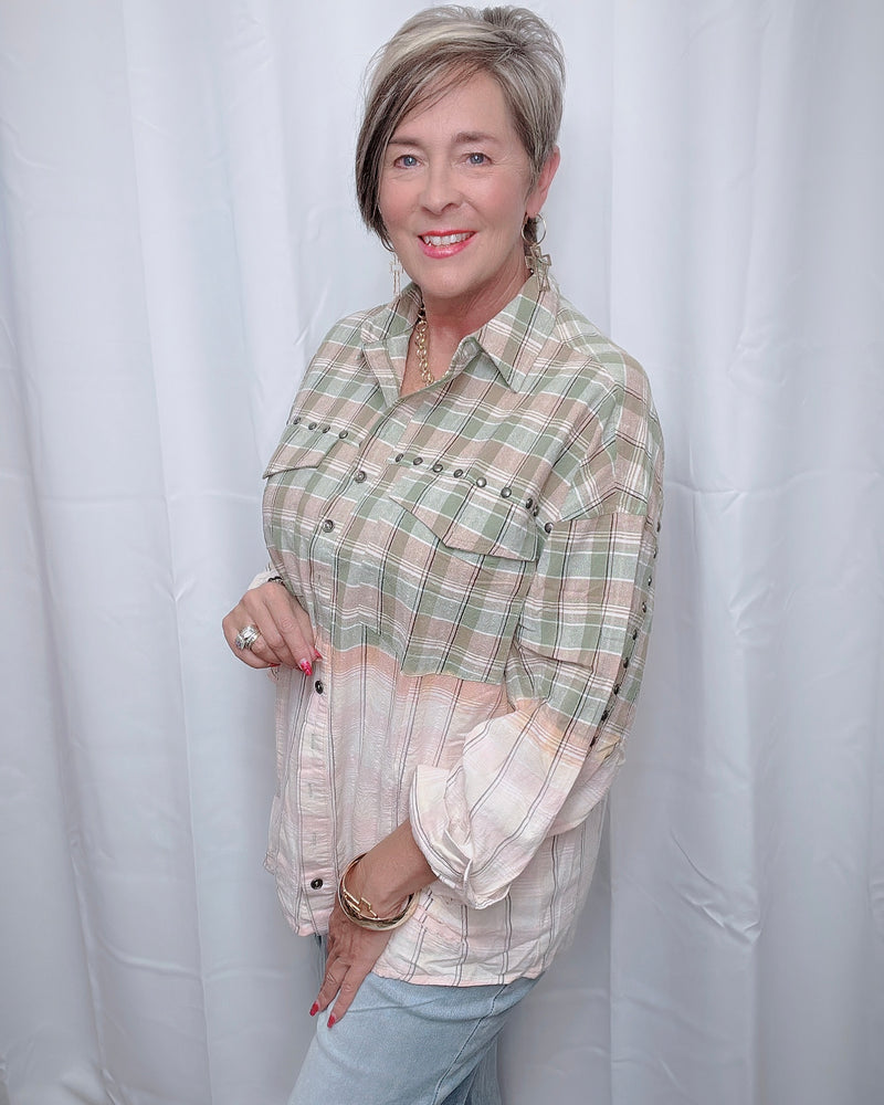 Green & Cream Ombre Plaid Stud Button Down Long Sleeve Top