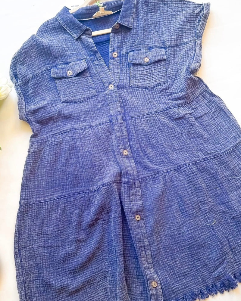 Blue Mineral Washed Cotton Button Down Collared Neck Frayed Hem Short Sleeve Dress