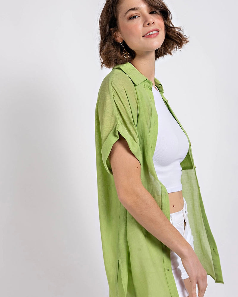 Plus Size Crinkled Oversized Lime Green Button Down Short Rolled Sleeve Collared Tunic Top