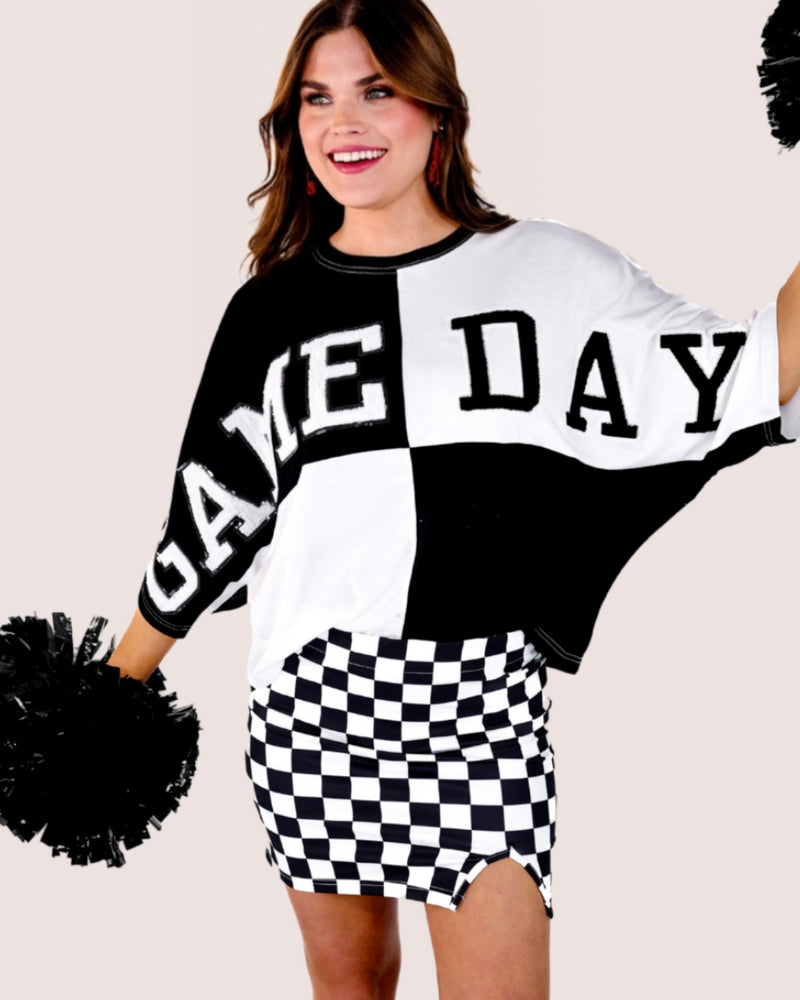 Huddle Up Color Block "Game Day” Chenille Patch 3/4 Sleeve Pullover Top