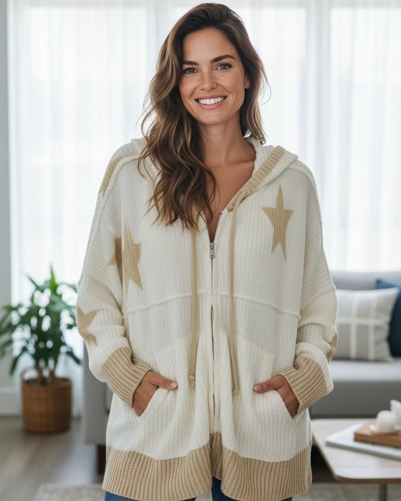 White & Khaki Star Open Front Long Sleeve Light Sweater Knit Hoodie Cardigan