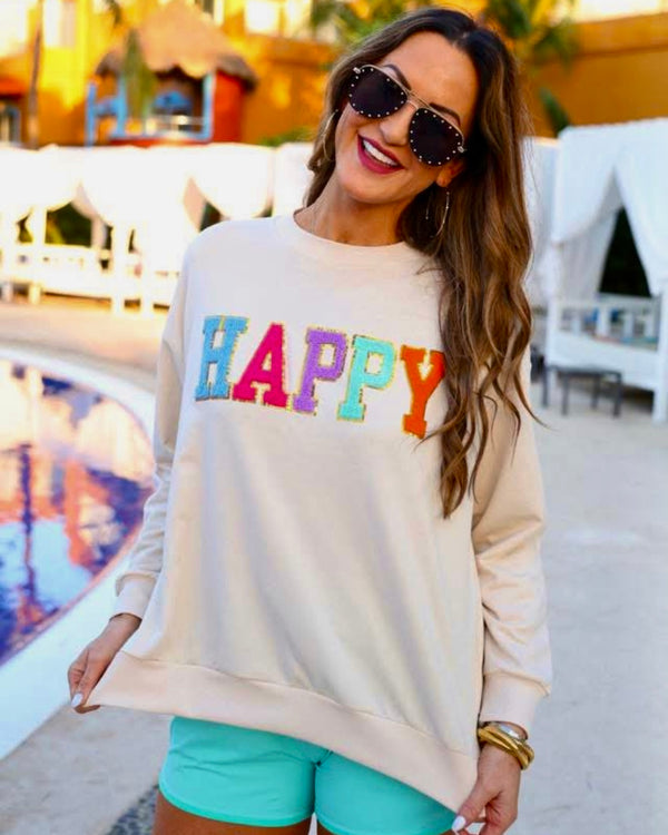 Ivory Cream "Happy" Chenille Patch Long Sleeve Sweatshirt