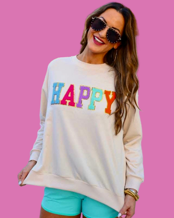 Ivory Cream "Happy" Chenille Patch Long Sleeve Sweatshirt