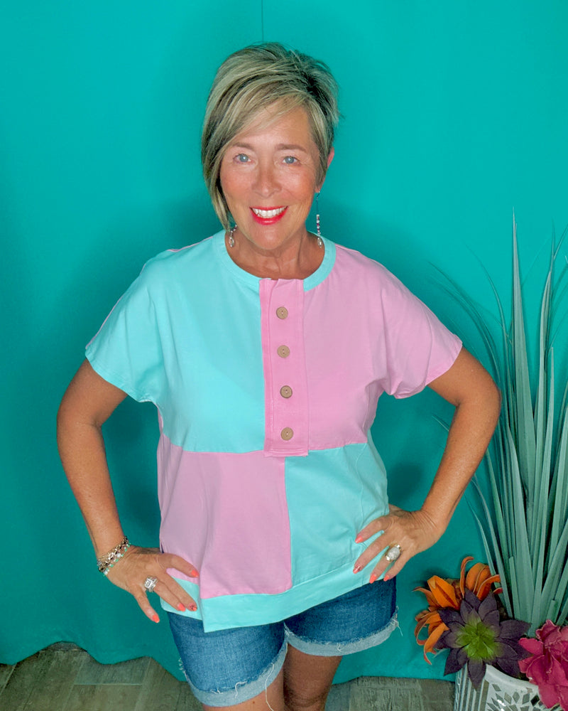 Mint Blue & Pink Color Block Button Front Short Sleeve T-Shirt Cotton Top