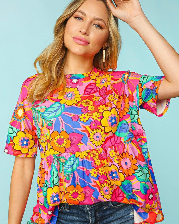 Plus Size Bright Pink & Yellow Floral Babydoll T-Shirt Short Sleeve Top