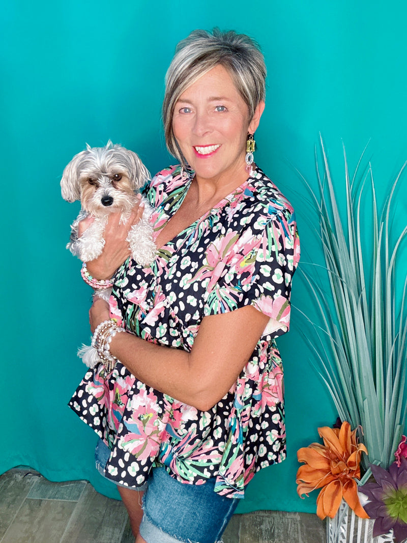Black & Pink Floral VNeck Short Sleeve Top
