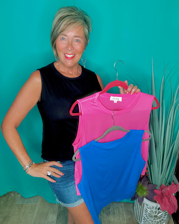 Solid Black, Blue, Mocha or Pink Banks Basic Lettuce Sleeveless Tank Top
