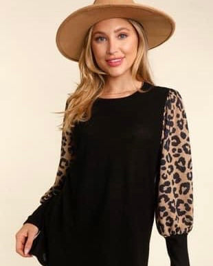 Black Pullover Top with Long Burnout Brown and Black Leopard Cuffed Sleeve