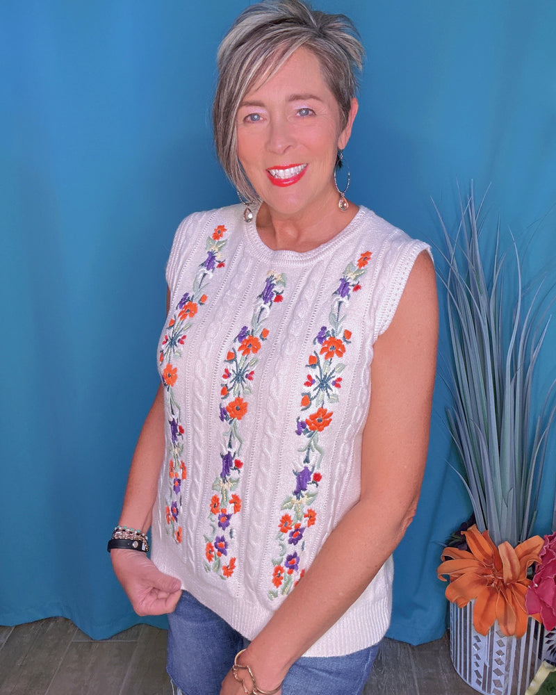 Sleeveless Cream Off White Light Knit Sweater Vest with Embroidery Floral Top