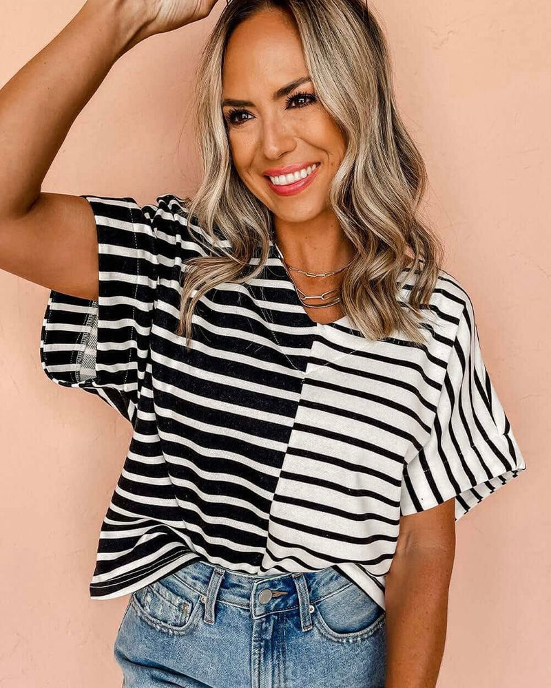 Black & White Block Short Sleeve VNeck Top