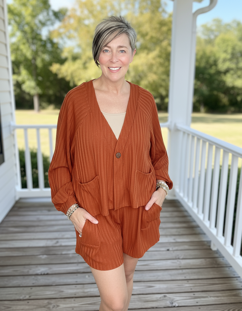 2 pc Pumpkin Rust or Black Short & Long Sleeve Button Shirt Set