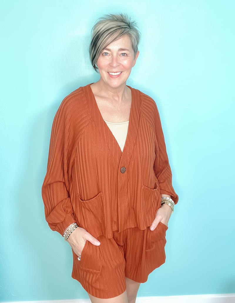 2 pc Pumpkin Rust or Black Short & Long Sleeve Button Shirt Set