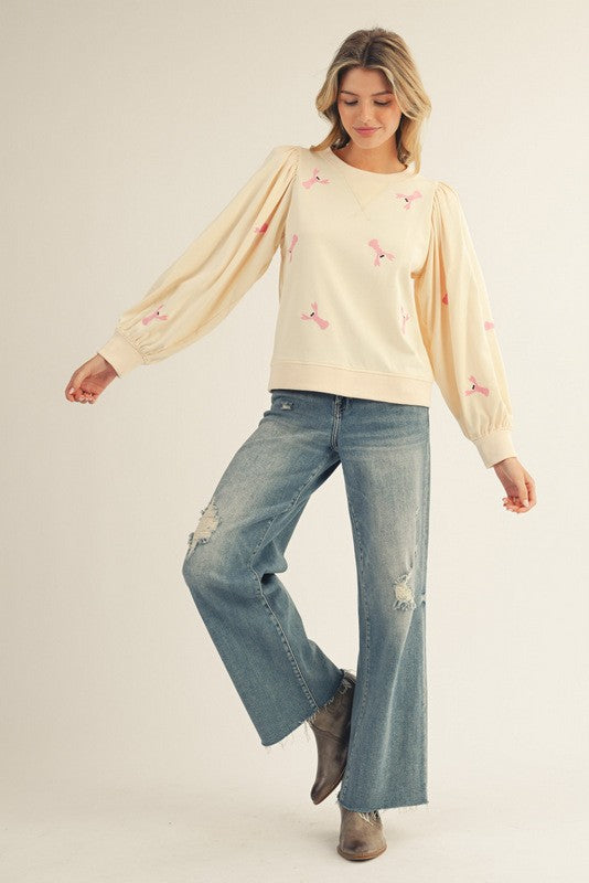 White or Red Lobster Embroidered Long Sleeve Sweatshirt Top