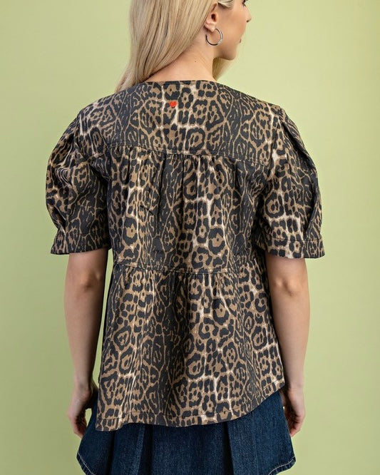 Brown & Black Leopard Animal Print Denim Babydoll Top