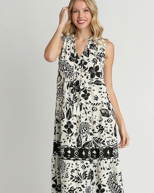 Blue & White Tropical Graphic Sleeveless Ruffle Neck Tie Midi Tiered Dress