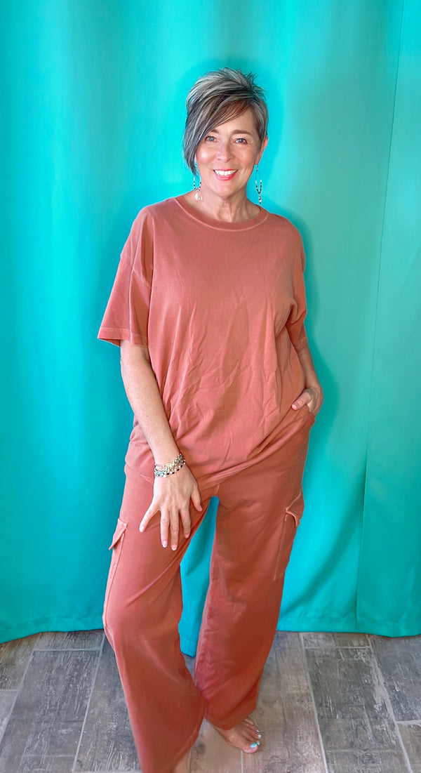 Nutshell Terra Cotta Pigment Dyed & Washed Oversized Round Neckline Tshirt