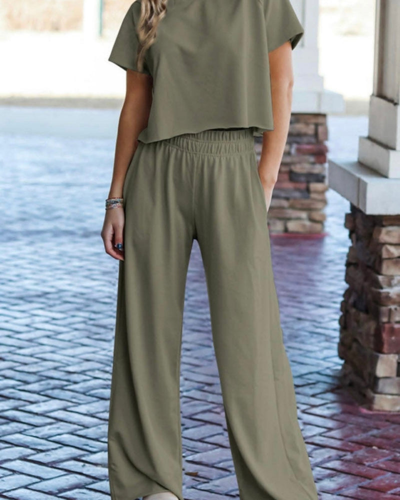 Olive Green 2 Pc Short Sleeve Top & Elastic Waist Lounge Pant