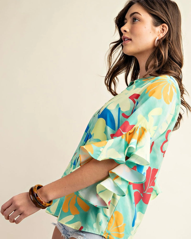 Green, Yellow & Orange Tropical Floral Print Ruffled Bell Sleeve Woven Top