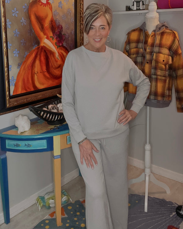 2 pc Grey Textured Crop Pant Long Sleeve Pullover Lounge Set