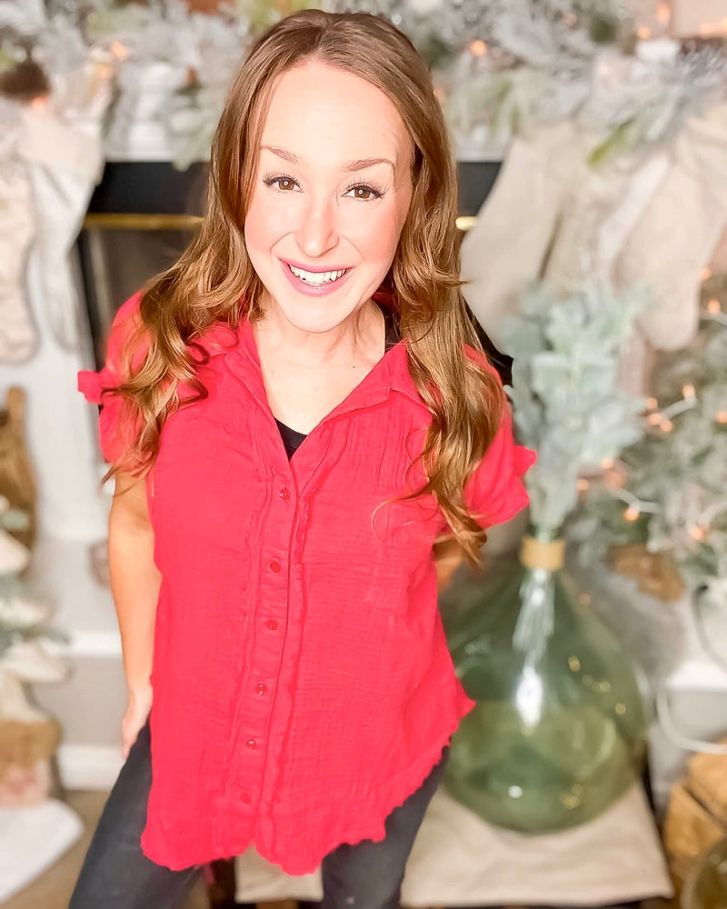 True Red Button Down Short Sleeve Gauze Top