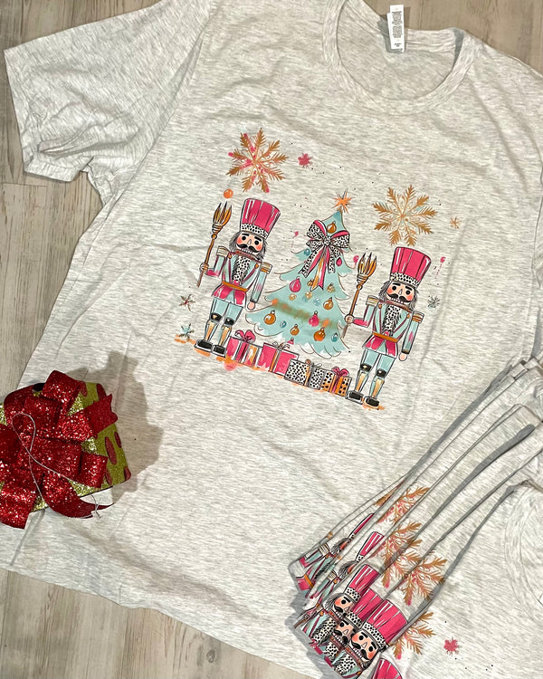 Gray Christmas Tree Nutcracker Bow Short Sleeve Tshirt Tee Top